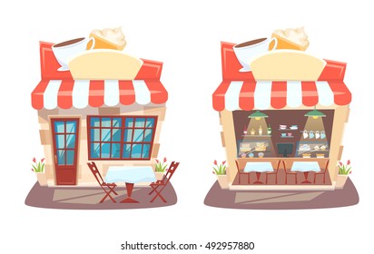 Cafe shop front and interior. Cartoon street local cafeteria building. European bar inside and outside table, chair and showcases vector illustration.