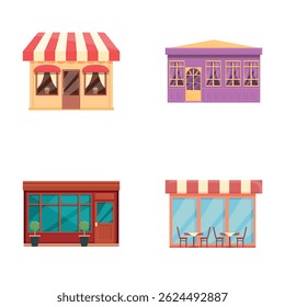 Cafe shop icons set cartoon vector. Colorful facade of cafe with canopy. Commercial building