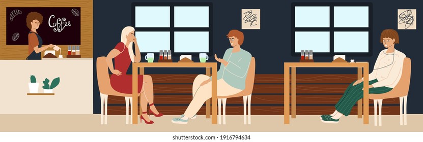 Cafe shop with interior and people who drink coffee and tea, chat. A girl and a guy on a date. Barista pours coffee. Vector illustration in flat style