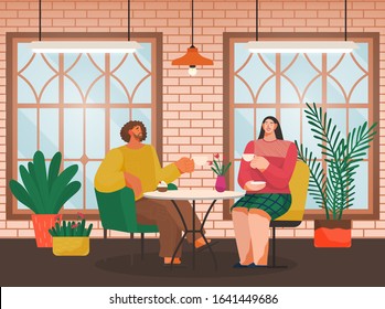 Cafe shop and people relaxing, eating out, modern place interior, drink and snack vector. Man and woman chat, have rest or enjoy free time. Restaurant in loft style, couple drinks coffee illustration