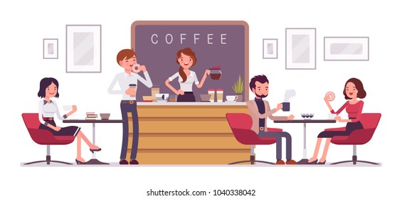 Cafe shop and people relaxing. Modern place interior to meet, drink and eat, chat, have a rest, enjoy free time, barista girl makes and serves coffee for public. Vector flat style cartoon illustration