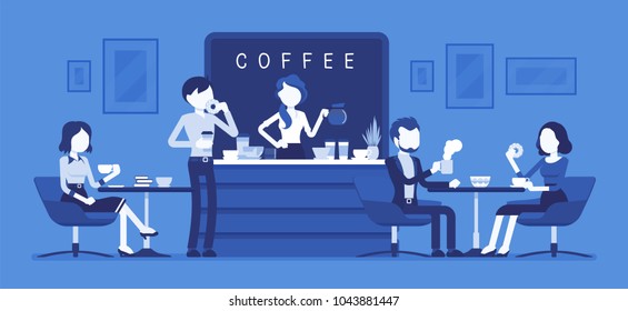 Cafe shop and people relaxing. Modern place interior to meet, drink and eat, chat, have a rest, enjoy free time, barista girl makes coffee for public. Vector illustration with faceless characters