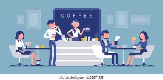 Cafe shop and people relaxing. Modern place interior to meet, drink and eat, chat, have a rest, enjoy free time, barista girl makes coffee for public. Vector illustration with faceless characters