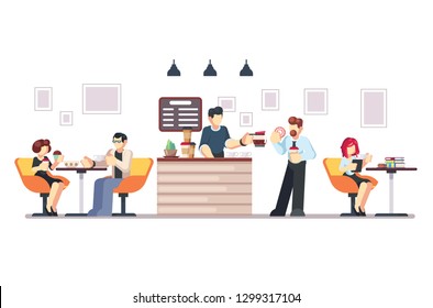 Cafe shop and people relaxing. Modern place interior to meet, drink and eat, chat, have a rest, enjoy free time, barista makes and serves coffee for public. Vector flat style cartoon illustration