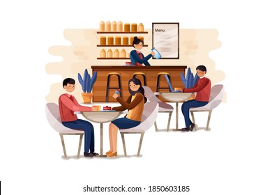 Cafe shop and people relaxing. Modern place interior to meet, drink and eat, chat, have a rest, enjoy free time, barista girl makes and serves coffee for public.