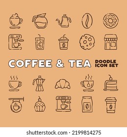 Cafe shop. Set of hand drawn coffee and tea doodles: drinks, desserts, beans and other related objects.