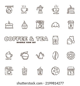 Café-Geschäft. Set handgezeichnete Kaffee- und Teeddoodles: Getränke, Desserts, Bohnen und andere verwandte Gegenstände.
