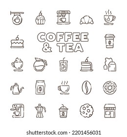 Cafe shop. Set of hand drawn coffee and tea doodles: drinks, desserts, beans and other related objects.