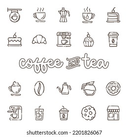 Cafe shop. Set of hand drawn coffee and tea doodles: drinks, desserts, beans and other related objects.