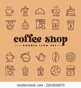 Cafe shop. Set of hand drawn coffee and tea doodles: drinks, desserts, beans and other related objects.