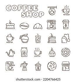 Cafe shop. Set of hand drawn coffee and tea doodles: drinks, desserts, beans and other related objects.