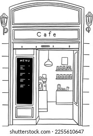 Cafe Tienda delantera con signo de menú Pequeña empresa mano línea dibujada ilustración