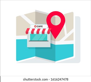 Cafe shop or store location with pin pointer and navigation map vector illustration flat cartoon, idea of restaurant position or place geo location sign isolated