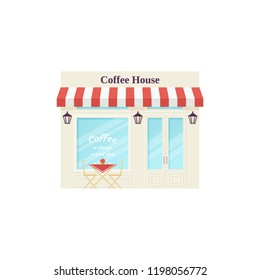 Cafe shop, storefront. Vector. Coffee house, vintage store front. Facade retail building with window. Retro street exterior architecture. Cartoon illustration isolated in flat design.  