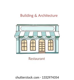 Cafe shop, storefront. Vector. Coffee house, vintage store front. Facade building with window. Retro street exterior architecture. Cartoon illustration isolated in flat design, hand drawn clip art