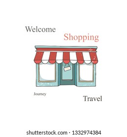 Cafe shop, storefront. Vector. Coffee house, vintage store front. Facade building with window. Retro street exterior architecture. Cartoon illustration isolated in flat design, hand drawn clip art