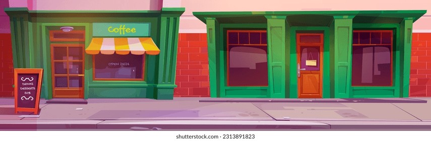 Cafe shop street exterior vector city storefront. Vintage building front view cartoon illustration with small green cafeteria or restaurant facade design. Outdoor closed bakery scene with signboard