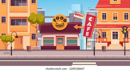 Cafe shop street store coffee house city town outside concept. Vector graphic design element illustration