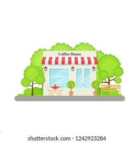 Cafe shop. Vector. Coffee house. Restaurant store front. Storefront exterior in flat design. Facade retail building with window. French city architecture. Cartoon illustration Street cafeteria isolate