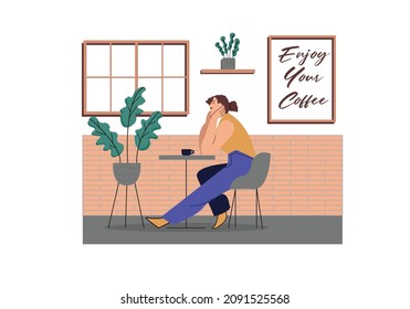 Cafe shop and women relaxing. Modern place interior to meet, drink and eat, chat, have a rest, enjoy free time, barista girl makes and serves coffee for public. Vector flat style cartoon illustration