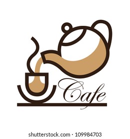 Cafe sign, coffee cup and coffee pot