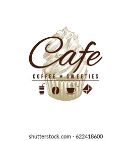 Cafe Sign With Hand Drawn Cupcake. Can Be Used As Logo, Badge Or Label Design. Vector Illustration