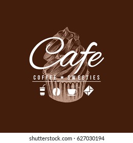 Cafe sign with hand drawn cupcake. Can be used as Logo, Badge or Label Design. Vector illustration