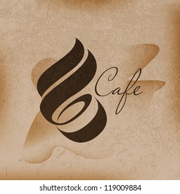 Cafe sign, cafe menu, coffee cup with smoke on the brown background