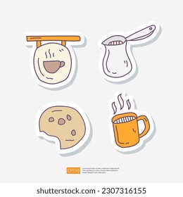 Cafe Signboard, Turkish Coffee Hot Pot, Cookie Biscuit, Chocolate Cup. Doodle Sticker Icon Set. Cafe Concept Vector Illustration