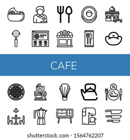 cafe simple icons set. Contains such icons as Salad, Portafilter, Waitress, Pizza, Cutlery, Candy shop, Donut, Restaurant, Bean bag, Coffee beans, can be used for web, mobile and logo