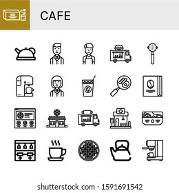 cafe simple icons set. Contains such icons as Tea bag, Teapot, Waiter, Barista, Food truck, Portafilter, Coffee machine, Cold coffee, Buffet, can be used for web, mobile and logo