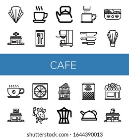 cafe simple icons set. Contains such icons as Salad, Candy shop, Cup, Cutlery, Teapot, Coffee maker, Coffee cup, Knife, Restaurant, Pizza, can be used for web, mobile and logo