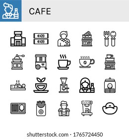 cafe simple iconos set. Contiene íconos como Bartender, Centro Comercial, Café Instantáneo, Camarera, Tienda de pizza, Cubertería, Molinador de Café, Carrito de helado, que se pueden usar para web, móvil y logotipo