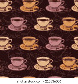 Cafe sketch seamless pattern with coffee cup and beans vector illustration