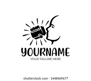 Cafe and snack bar, man drinks coffee from paper cup, logo design. Food and drink, beverage and fast food, hipster and retro, vector design and illustration