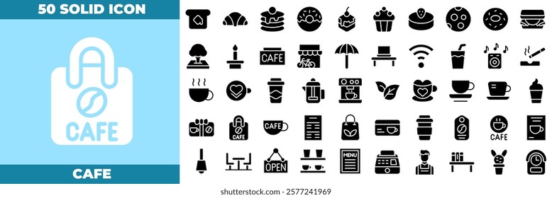 Cafe Solid Editable Icons set. Vector illustration in modern thin solid style of cafe icons: sugar cubes, counter, frappe, etc