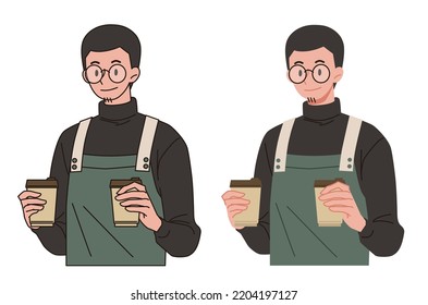 Cafe staff holding two cups of hot coffee