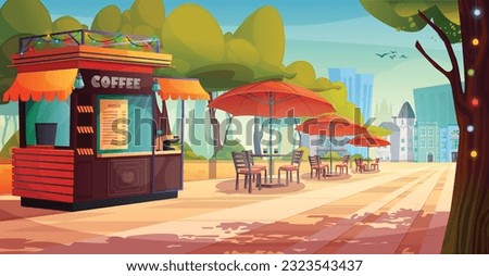Cafe stall and tables under umbrellas on park alley. Vector cartoon illustration of urban street coffee shop decorated with garlands, outdoor seats in shadow of trees, city buildings on background