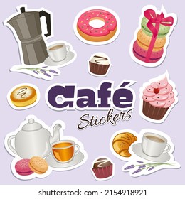 Cafe stickers with coffeepot, teapot, cupcake, croissant, macaroons, chocolates and donuts. Vector illustration.