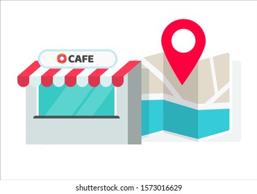 Cafe of store location with pin pointer and navigation map vector illustration, flat cartoon shop or restaurant position or place geo location 
