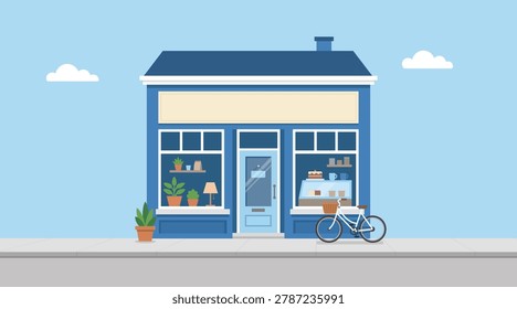 Cafe storefront exterior on an empty street sidewalk. The scene features a white bicycle with a basket parked out front, large glass display windows with potted plants, a lamp, cakes, and a blank cream signage banner above the door.