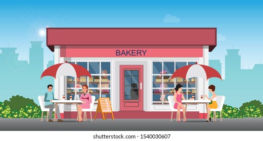 Cafe street coffee shop with man and woman drinking coffee on chairs with table at front view of bakehouse building or bakery shop, Vector Illustration.