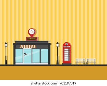 Cafe Street Coffee Shop and red public telephone booths and white chairs. Vector Illustration 