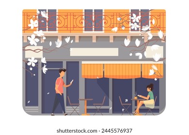 Cafe Street Encounter, vector illustration. Urban life, casual meeting.