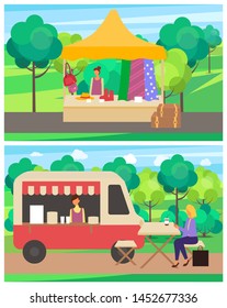 Cafe at street fair in spring vector, clothing seller with clothes dresses and jackets. Shoes and fabric for women person drinking coffee bought from truck in park