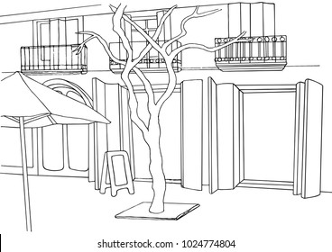 Cafe, supermarket entrance exterior. City vector sketch. Hand drawn street illustration.