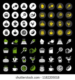 Cafe, Sweet, baked, desserts and coffee icons set