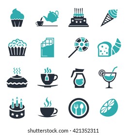 Cafe, Sweet, baked, desserts and coffee icons set