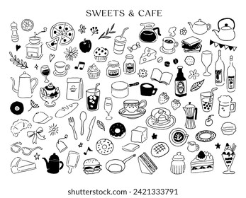 Cafe and sweets Line drawing illustration.