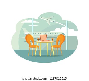 Cafe table at airport with pizza in box and coffee vector. Dining furniture near window with airplanes, fast food and drink, pizzeria and cafeteria